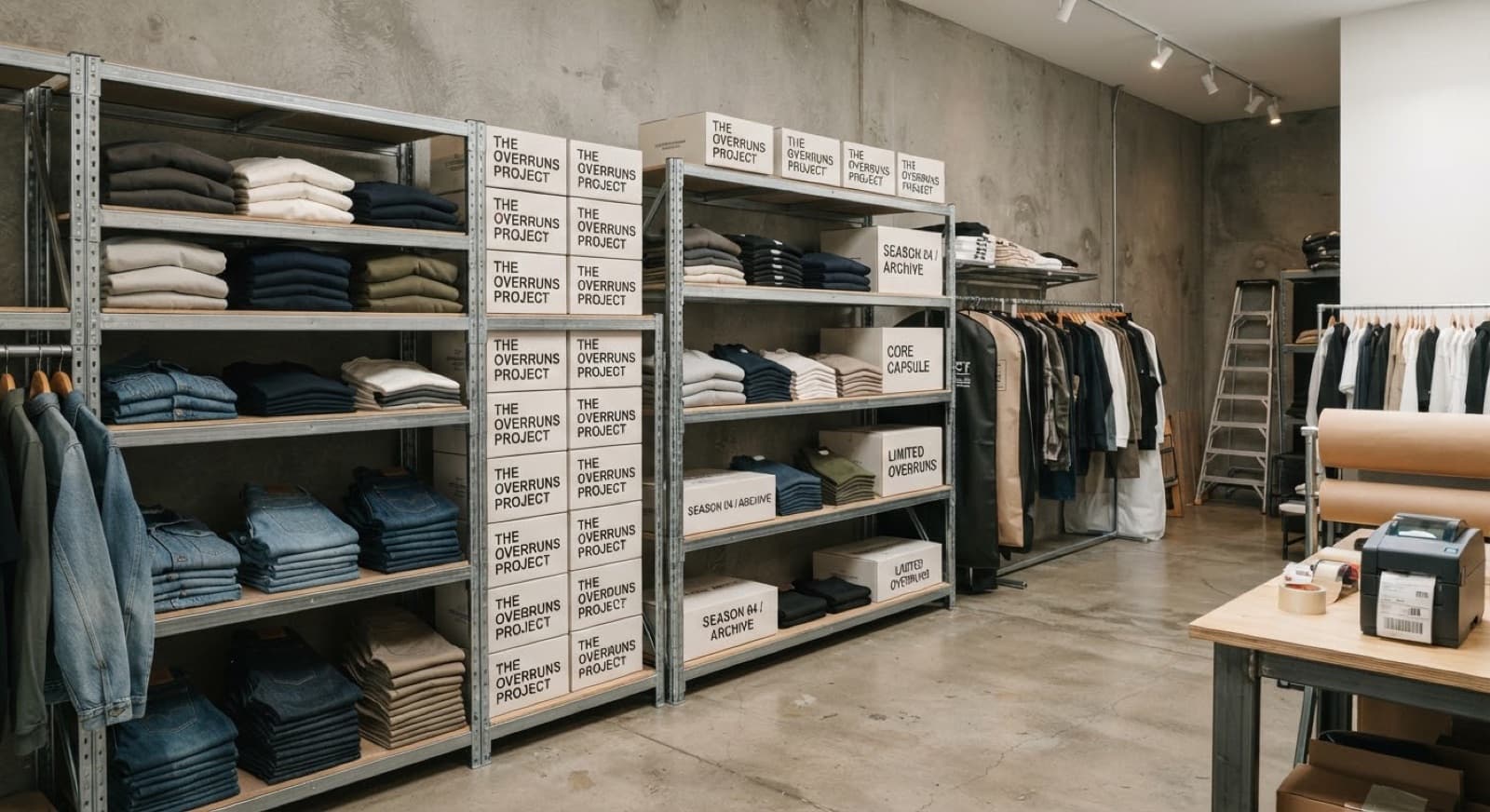 Folded clothing on a warehouse shelf